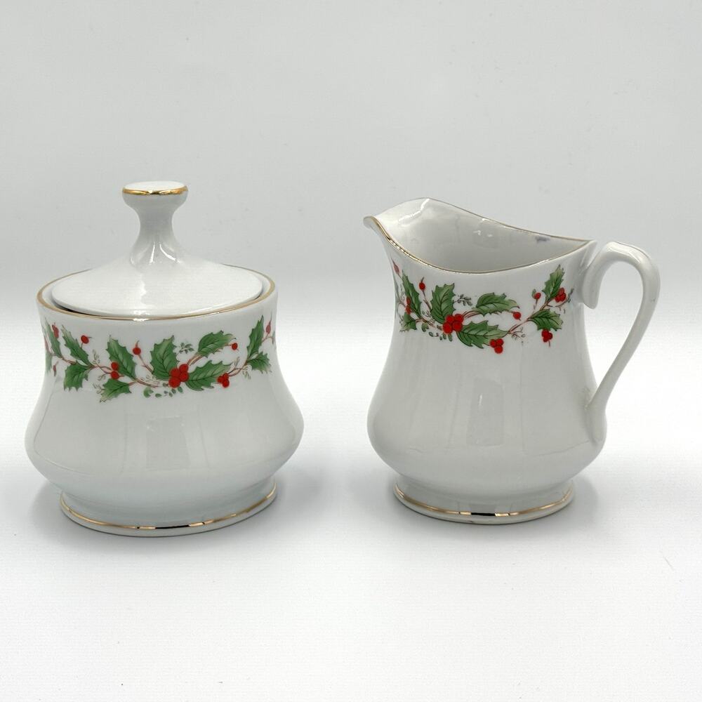 VTG China Pearl Noel Sugar Bowl with Lid and Creamer Set Christmas